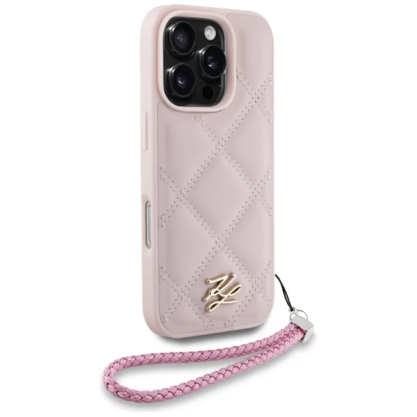 Karl Lagerfeld Quilted Initial Logo & Chain Strap iPhone 16 Pro Case - Pinkeng