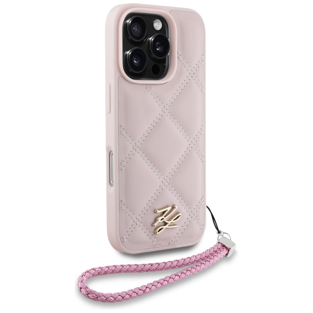 Karl Lagerfeld Quilted Initial Logo & Chain Strap iPhone 16 Pro Case - Pinkeng
