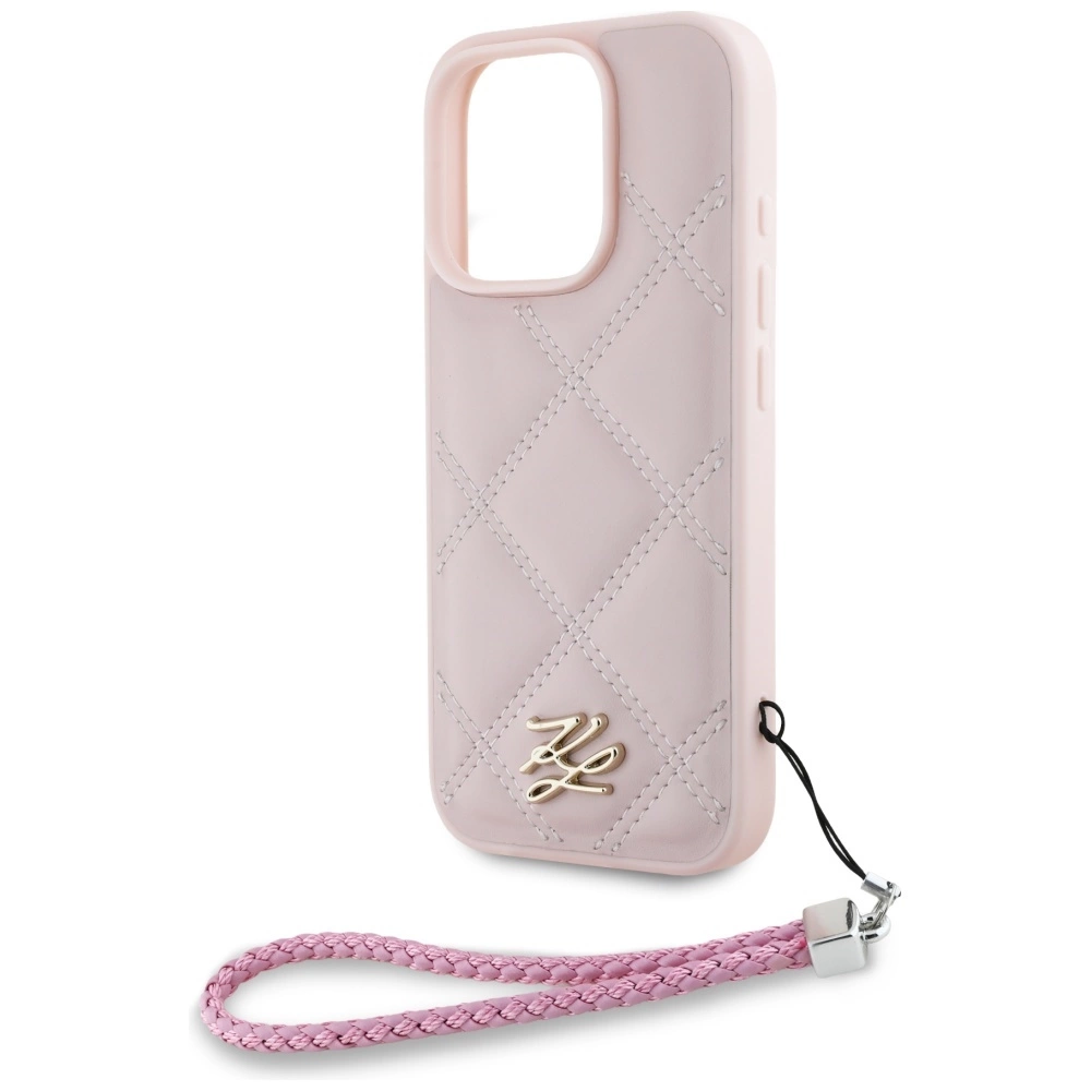 Karl Lagerfeld Quilted Initial Logo & Chain Strap iPhone 16 Pro Case - Pinkeng