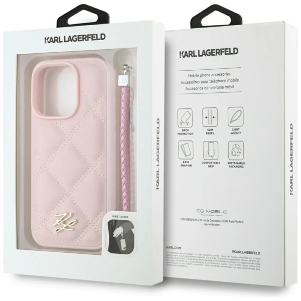 Karl Lagerfeld Quilted Initial Logo & Chain Strap iPhone 16 Pro Case - Pinkeng