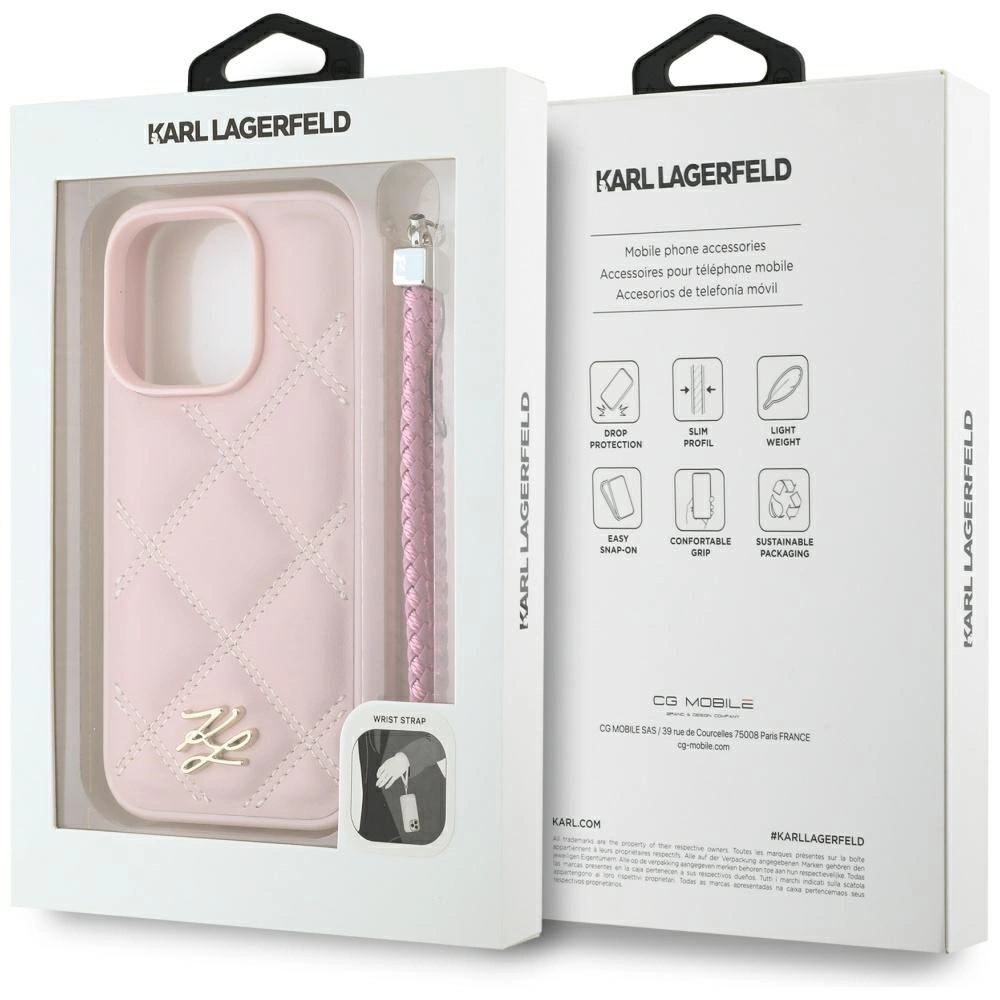 Karl Lagerfeld Quilted Initial Logo & Chain Strap iPhone 16 Pro Case - Pinkeng