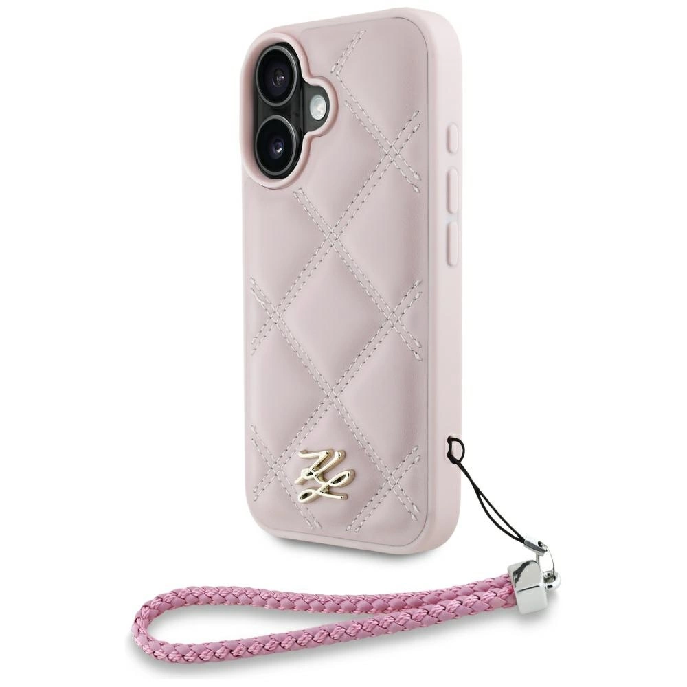 Karl Lagerfeld Quilted Initial Logo & Chain Strap iPhone 16 Case - Pinkeng
