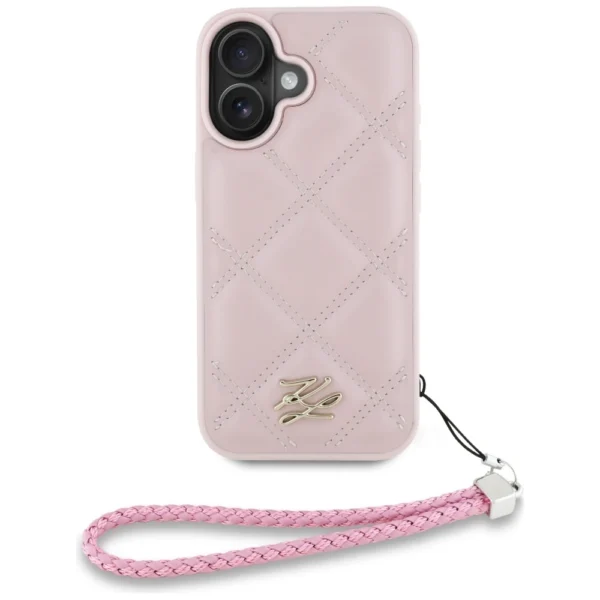 Karl Lagerfeld Quilted Initial Logo & Chain Strap iPhone 16 Case - Pinkeng