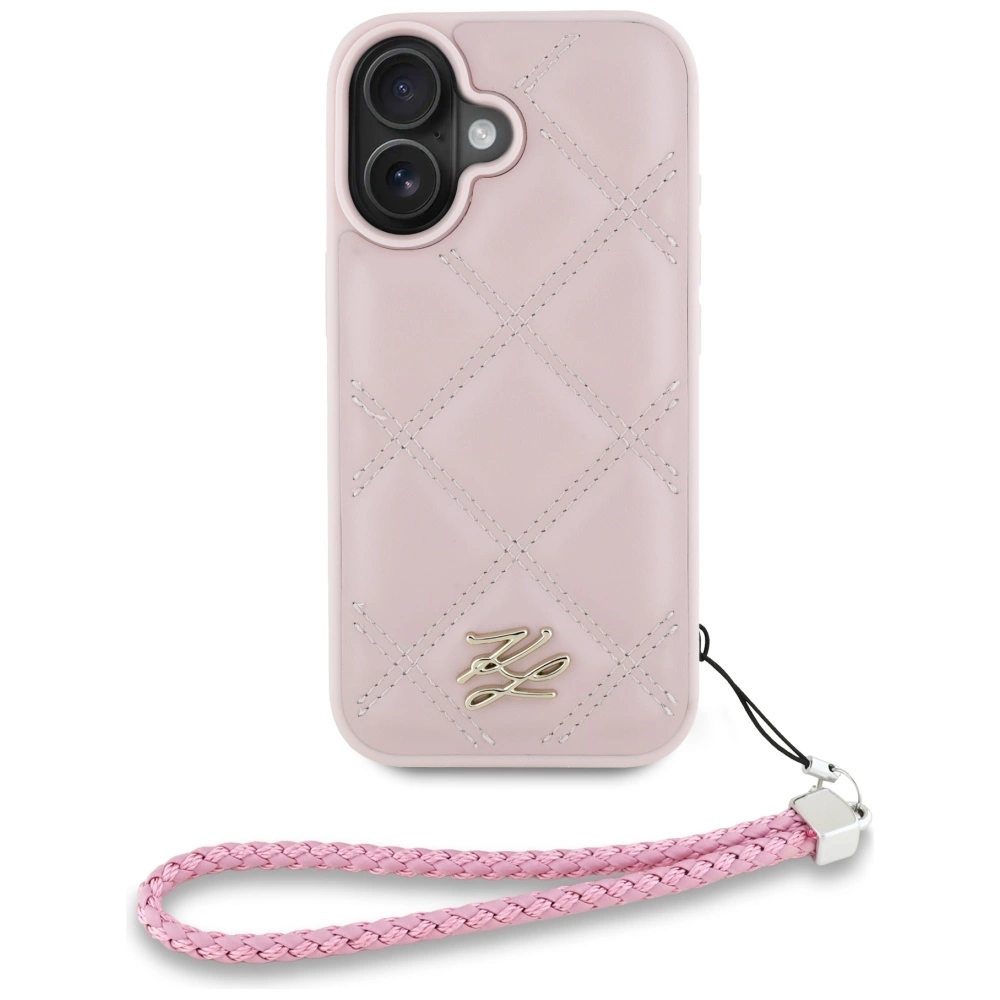 Karl Lagerfeld Quilted Initial Logo & Chain Strap iPhone 16 Case - Pinkeng