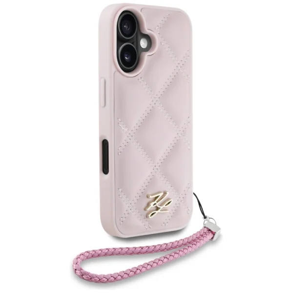 Karl Lagerfeld Quilted Initial Logo & Chain Strap iPhone 16 Case - Pinkeng