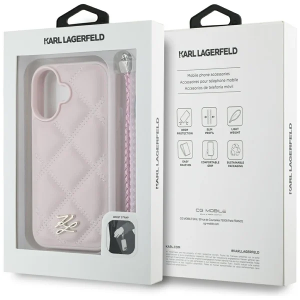 Karl Lagerfeld Quilted Initial Logo & Chain Strap iPhone 16 Case - Pinkeng