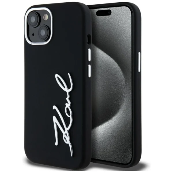 Karl Lagerfeld Silicone Metal Script Logo iPhone 15 Case - Blackeng