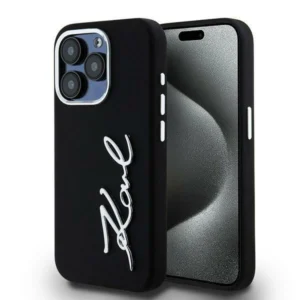 Karl Lagerfeld Silicone Metal Script Logo iPhone 15 Pro Max Case - Blackeng