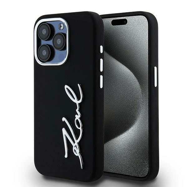 Karl Lagerfeld Silicone Metal Script Logo iPhone 15 Pro Max Case - Blackeng