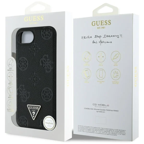 Guess Grained Hot Stamp Peony Triangle Logo MagSafe Case for iPhone 16e - Blackeng