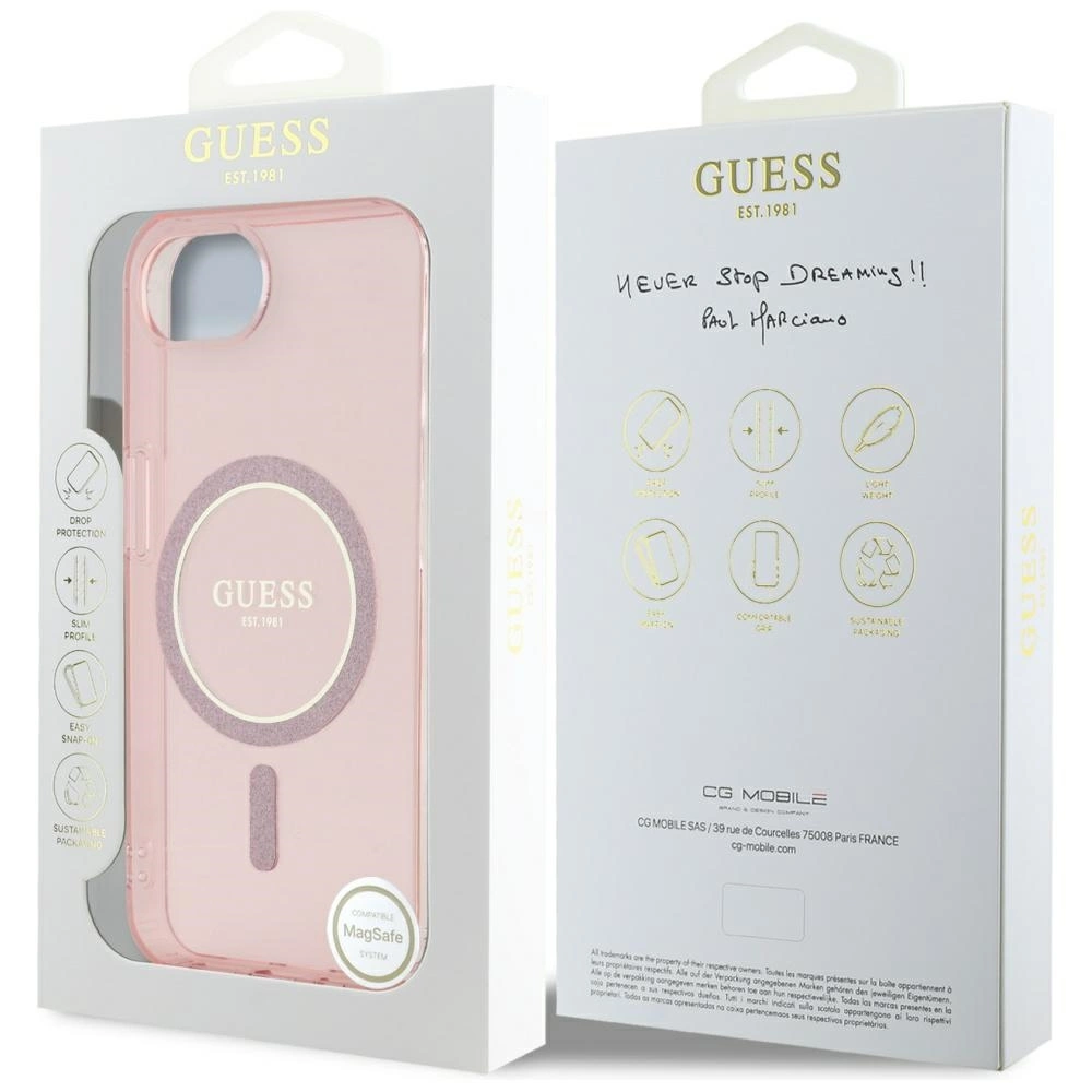 Guess IML Glitter Circle MagSafe case for iPhone 16e - pinkeng
