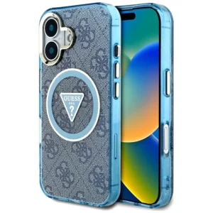 Guess IML Metal Glitter 4G Circle Triangle MagSafe Case for iPhone 16 - Blueeng