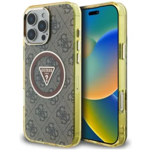 Guess IML Metal Glitter 4G Circle Triangle MagSafe Case for iPhone 16 Pro - Browneng