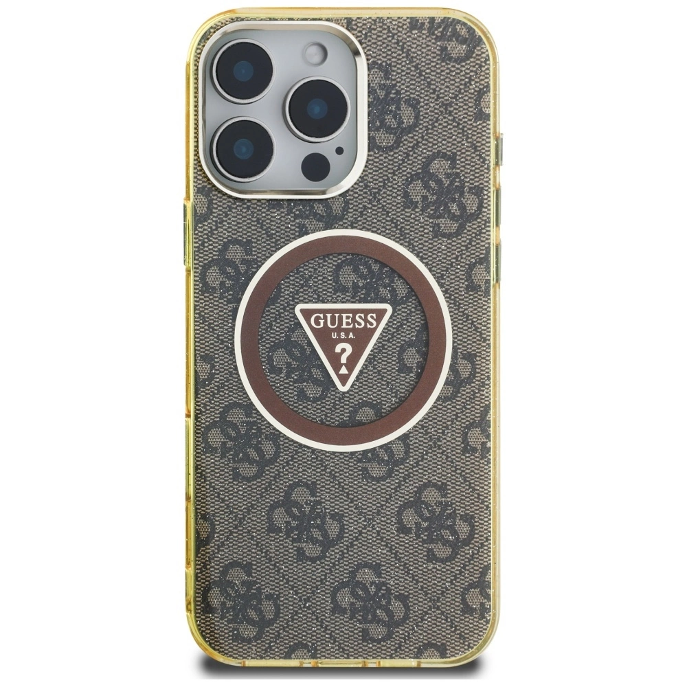Guess IML Metal Glitter 4G Circle Triangle MagSafe Case for iPhone 16 Pro - Browneng
