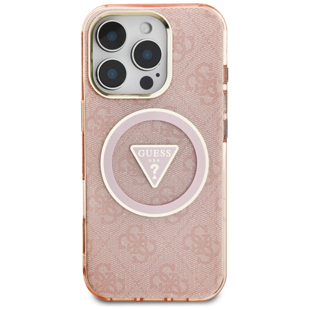 Guess IML Metal Glitter 4G Circle Triangle MagSafe Case for iPhone 16 Pro Max - Pinkeng