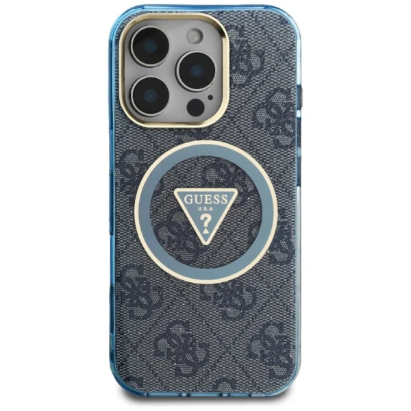 Guess IML Metal Glitter 4G Circle Triangle MagSafe Case for iPhone 16 Pro - Blueeng