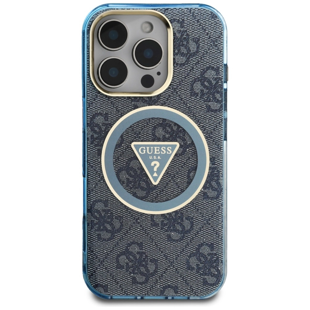 Guess IML Metal Glitter 4G Circle Triangle MagSafe Case for iPhone 16 Pro - Blueeng