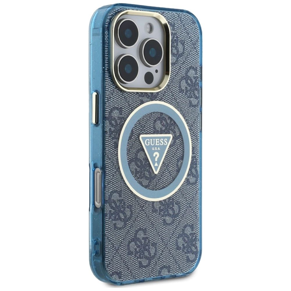 Guess IML Metal Glitter 4G Circle Triangle MagSafe Case for iPhone 16 Pro - Blueeng