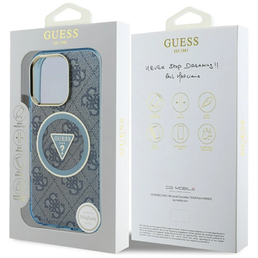 Guess IML Metal Glitter 4G Circle Triangle MagSafe Case for iPhone 16 Pro - Blueeng