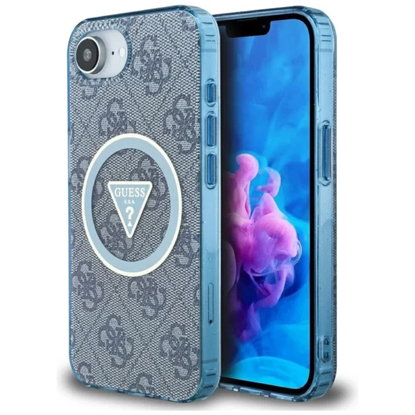 Guess IML Metal Glitter 4G Circle Triangle MagSafe Case for iPhone 16e - Blueeng