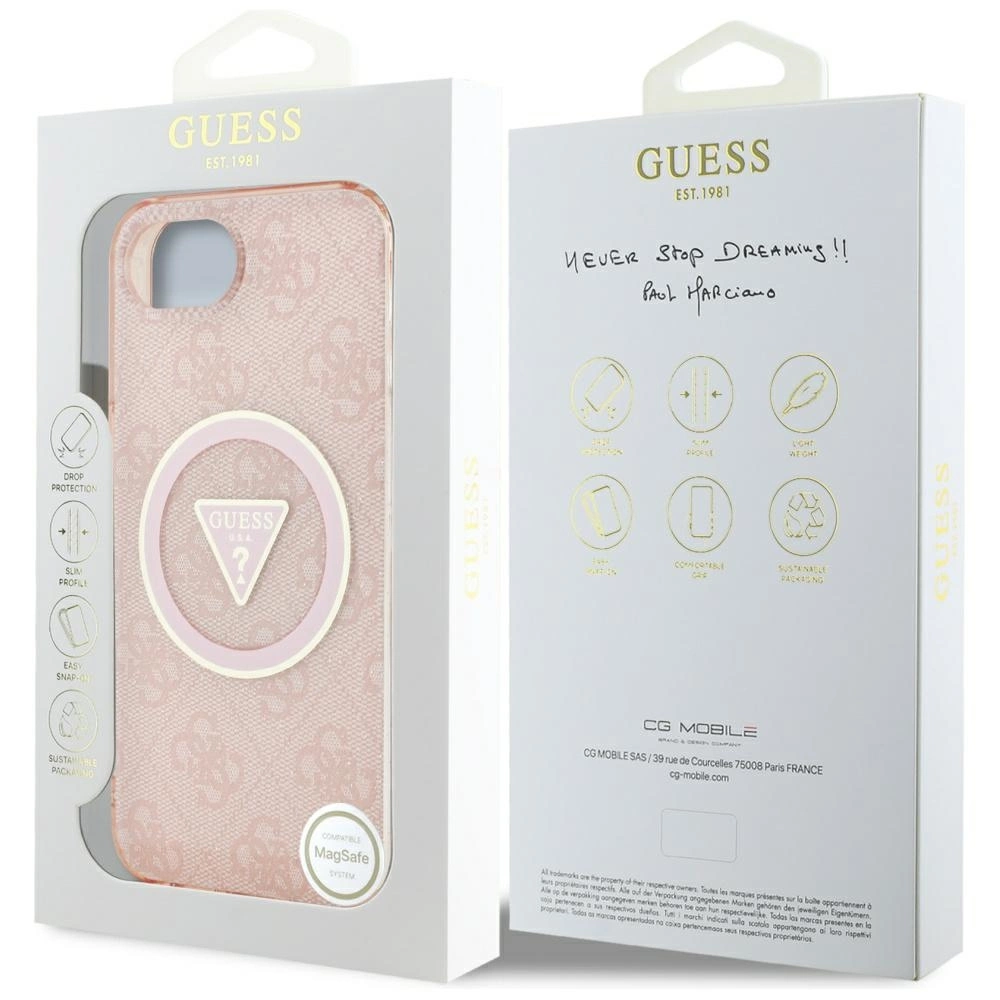 Guess IML Metal Glitter 4G Circle Triangle MagSafe case for iPhone 16e - pinkeng