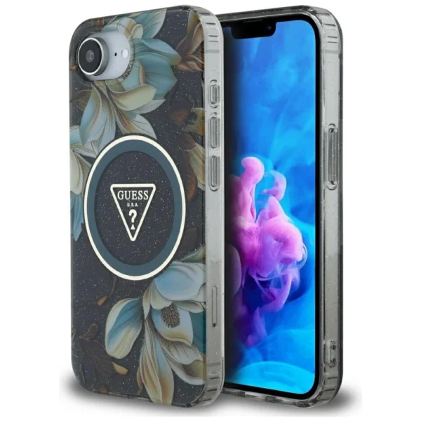 Guess IML Metal Glitter Flowers Triangle MagSafe case for iPhone 16e - blackeng