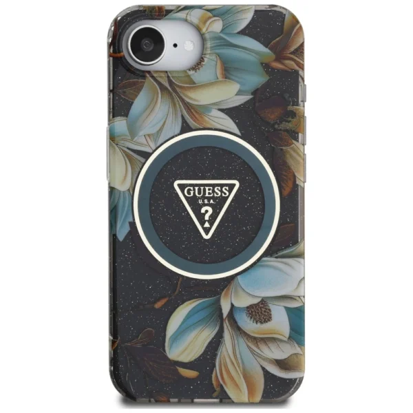 Guess IML Metal Glitter Flowers Triangle MagSafe case for iPhone 16e - blackeng