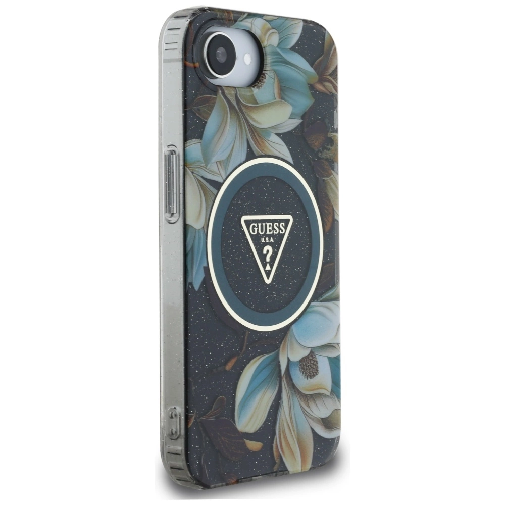 Guess IML Metal Glitter Flowers Triangle MagSafe case for iPhone 16e - blackeng