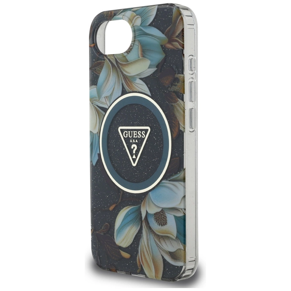 Guess IML Metal Glitter Flowers Triangle MagSafe case for iPhone 16e - blackeng