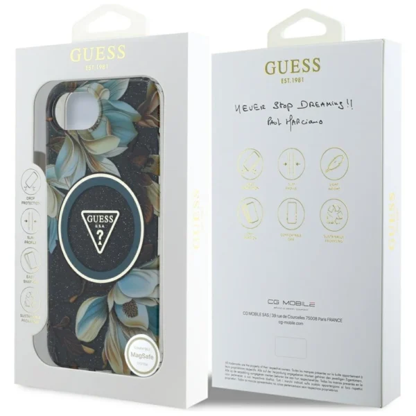 Guess IML Metal Glitter Flowers Triangle MagSafe case for iPhone 16e - blackeng