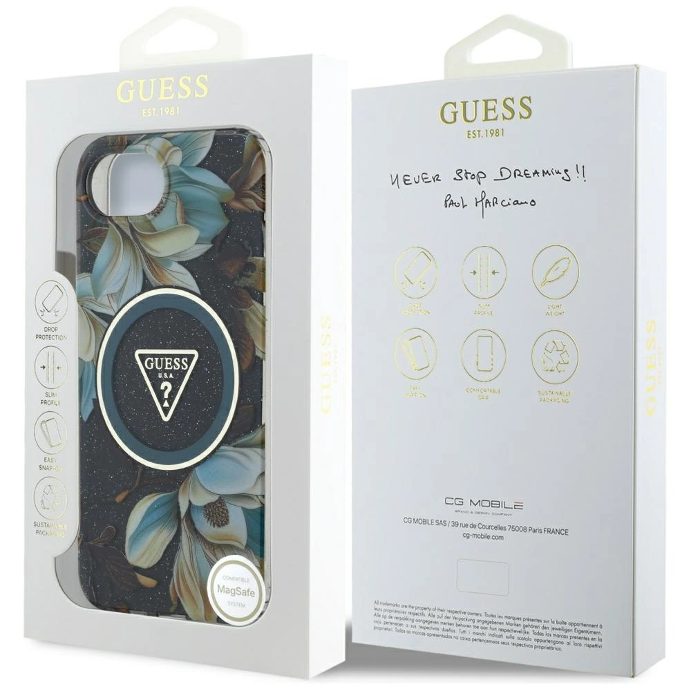 Guess IML Metal Glitter Flowers Triangle MagSafe case for iPhone 16e - blackeng