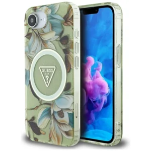 Guess IML Metal Glitter Flowers Triangle MagSafe iPhone 16e Case - Greeneng