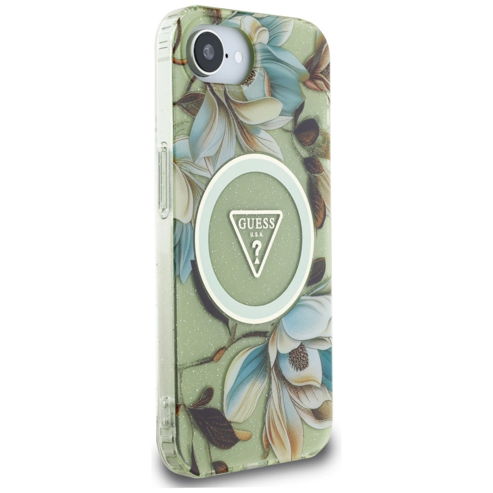 Guess IML Metal Glitter Flowers Triangle MagSafe iPhone 16e Case - Greeneng