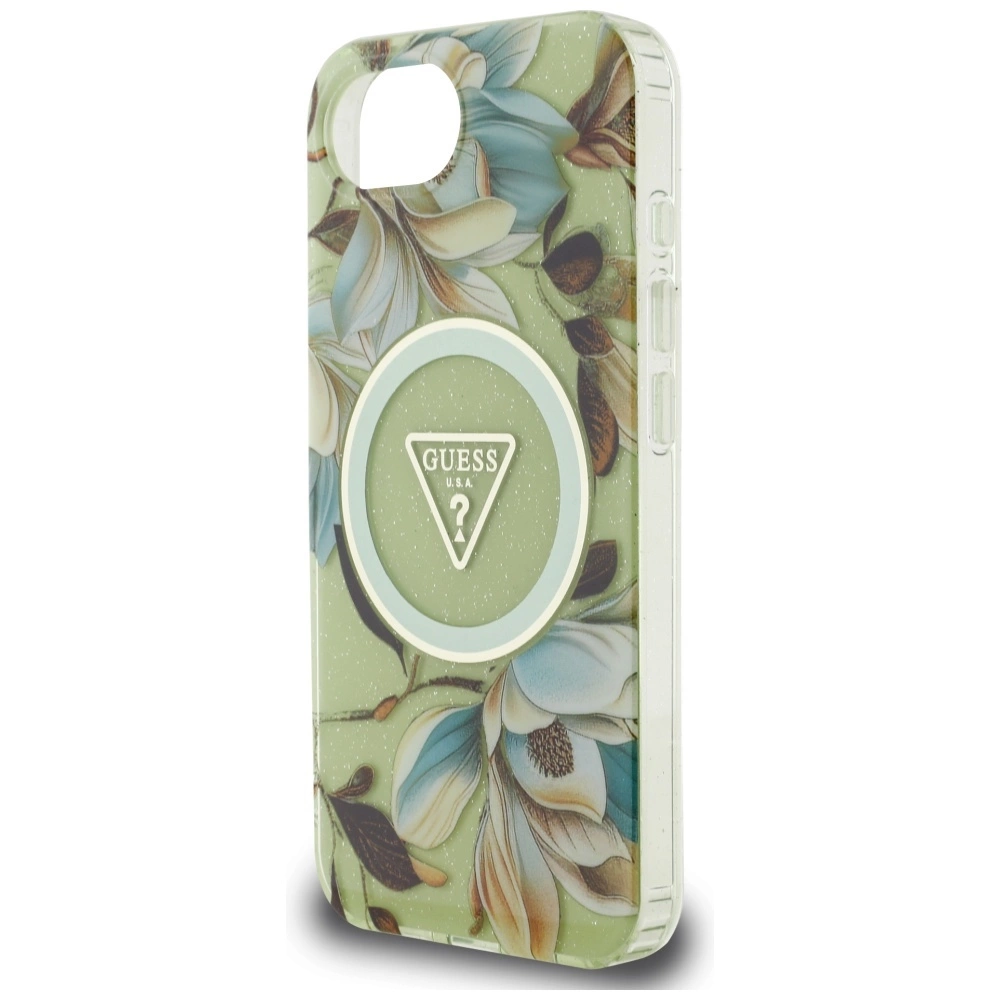 Guess IML Metal Glitter Flowers Triangle MagSafe iPhone 16e Case - Greeneng