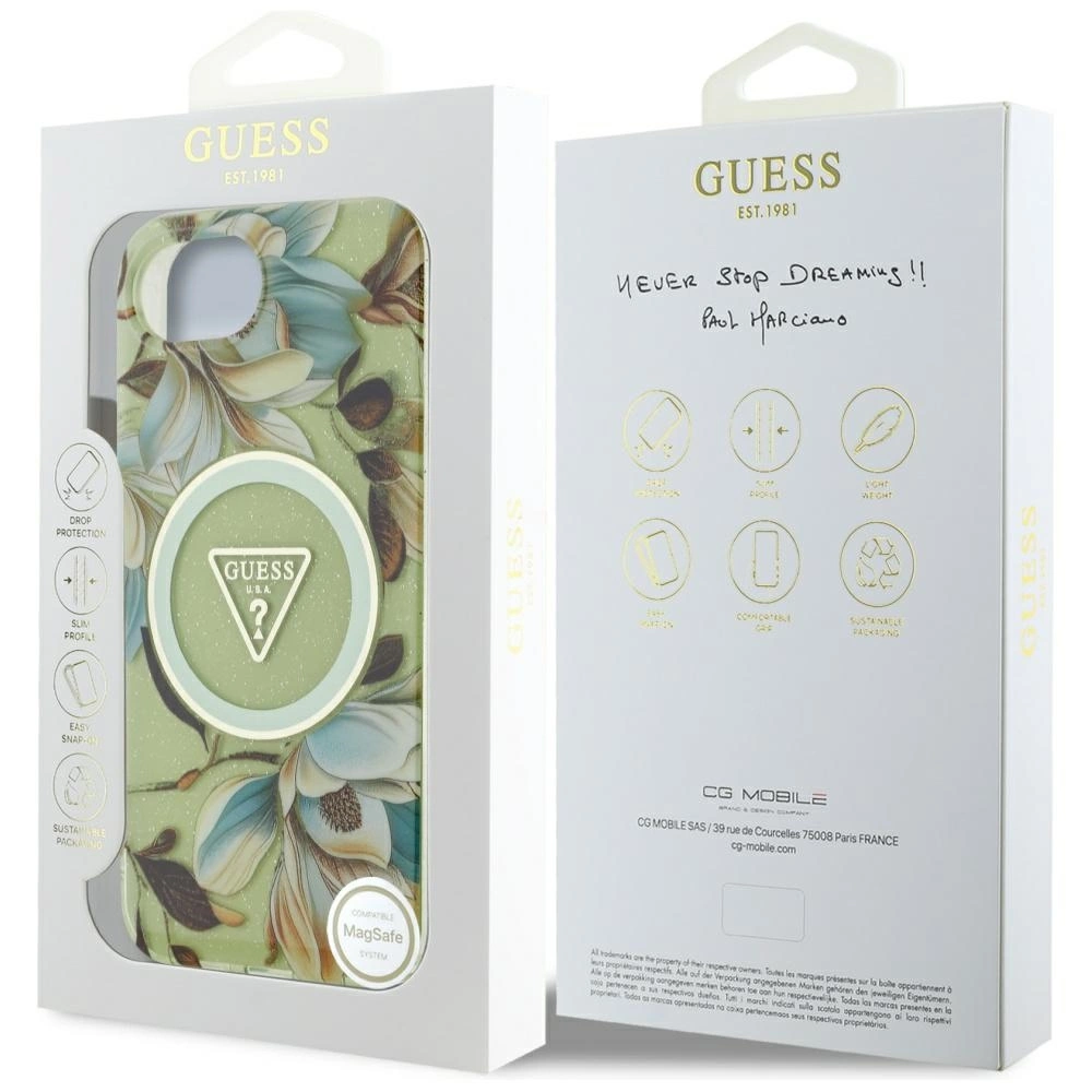 Guess IML Metal Glitter Flowers Triangle MagSafe iPhone 16e Case - Greeneng