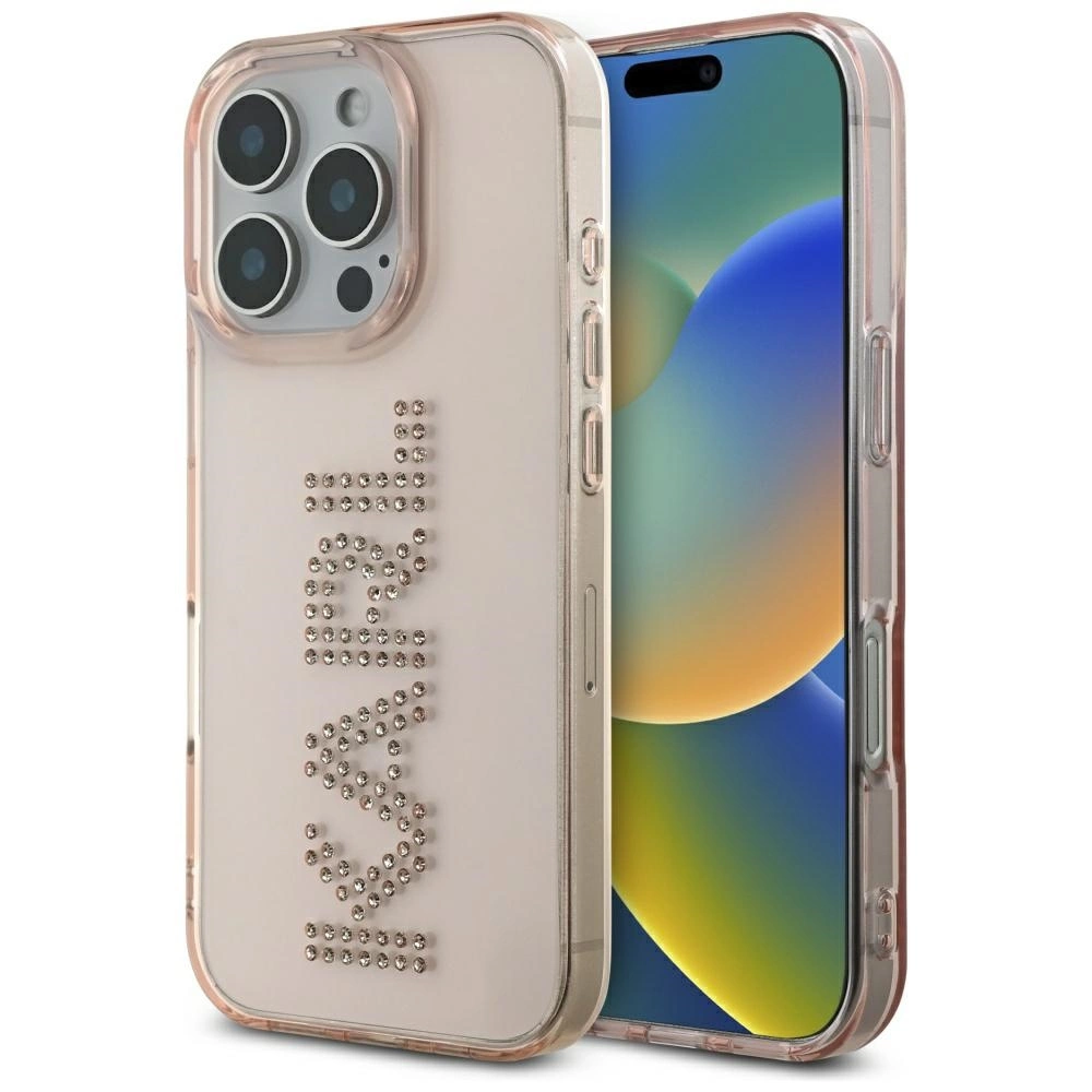 Karl Lagerfeld IML Rhinestones Logo iPhone 16 Pro Case - Pinkeng