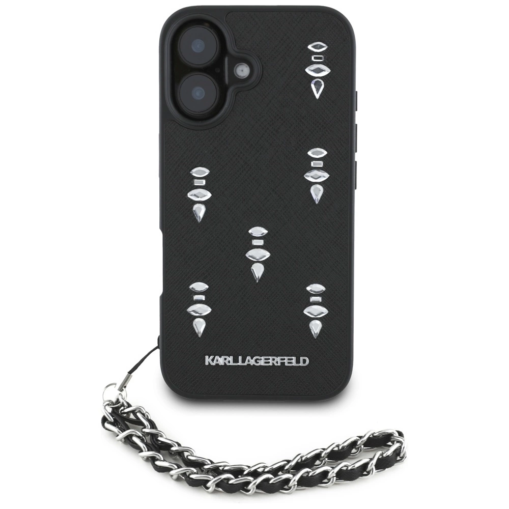 Karl Lagerfeld Saffiano Crystals w/Chain iPhone 16 Case - Blackeng