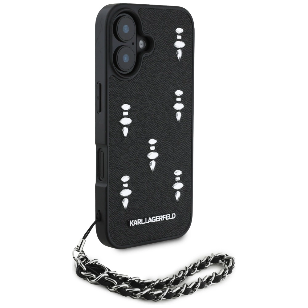 Karl Lagerfeld Saffiano Crystals w/Chain iPhone 16 Case - Blackeng