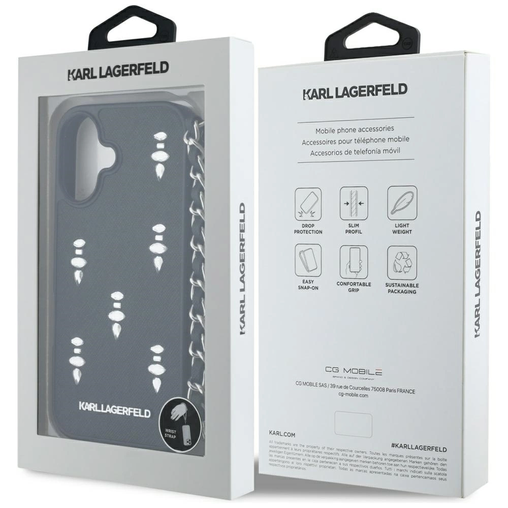 Karl Lagerfeld Saffiano Crystals w/Chain iPhone 16 Case - Blackeng