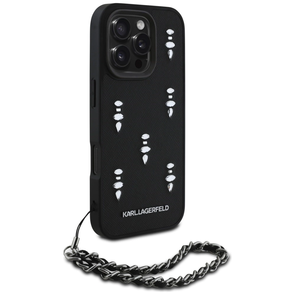 Karl Lagerfeld Saffiano Crystals w/Chain iPhone 16 Pro Case - Blackeng