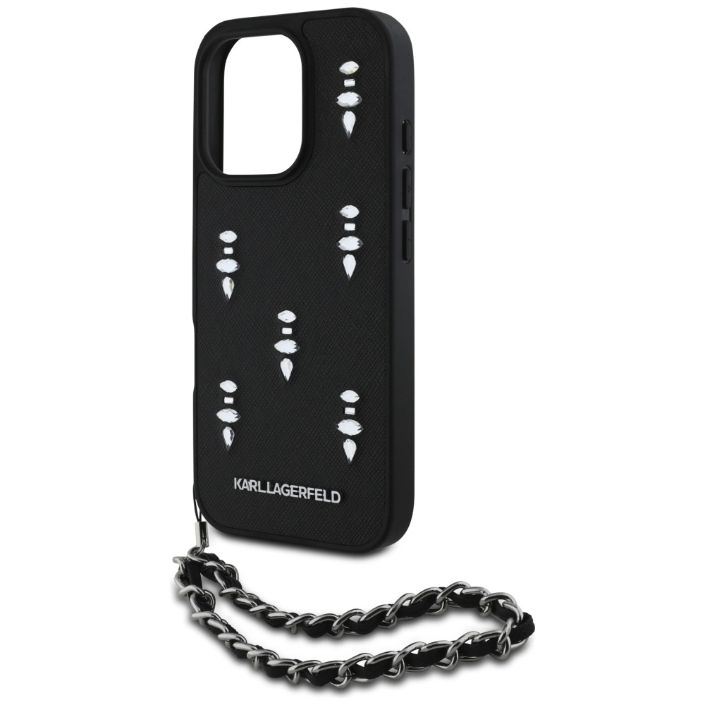Karl Lagerfeld Saffiano Crystals w/Chain iPhone 16 Pro Case - Blackeng