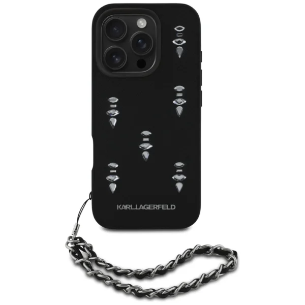 Karl Lagerfeld Saffiano Crystals w/Chain iPhone 16 Pro Max Case - Blackeng