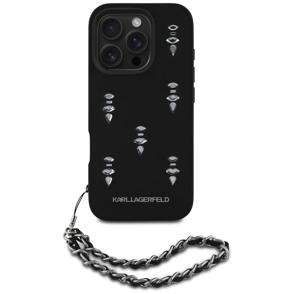 Karl Lagerfeld Saffiano Crystals w/Chain iPhone 16 Pro Max Case - Blackeng