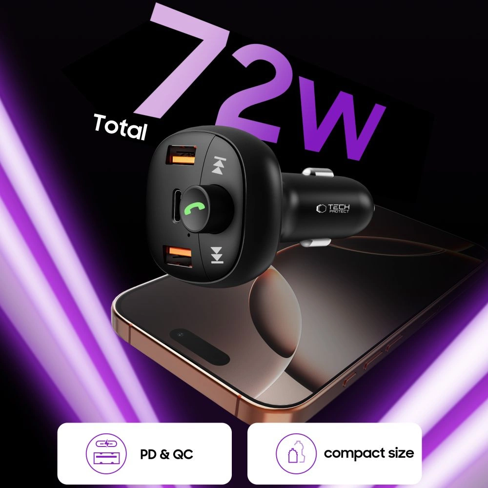 Tech-Protect CC06 3-port PD72W car charger with transmitter - blackeng