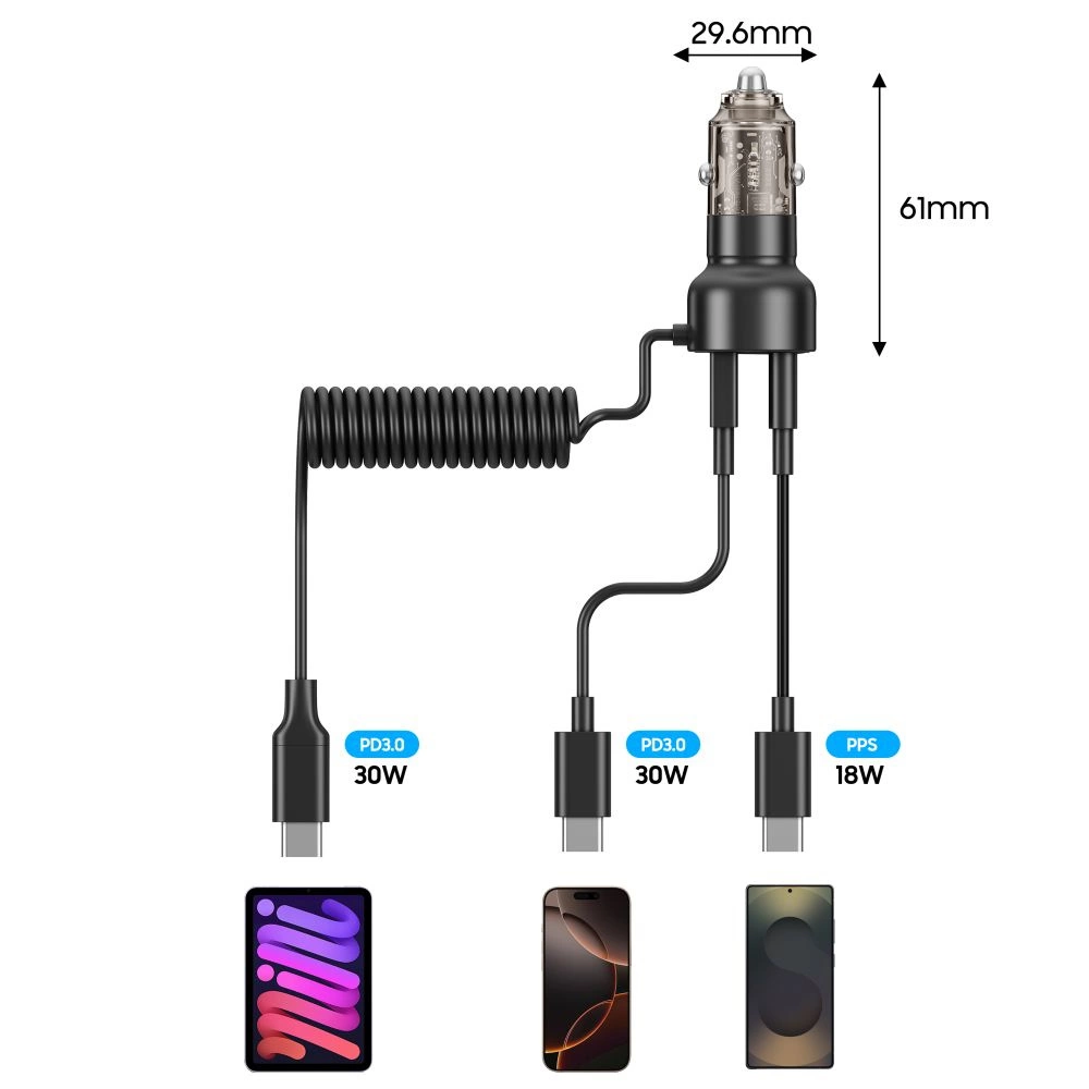 CC05 Car Charger 2-Port PD60 W + USB-C Cable - Blackeng