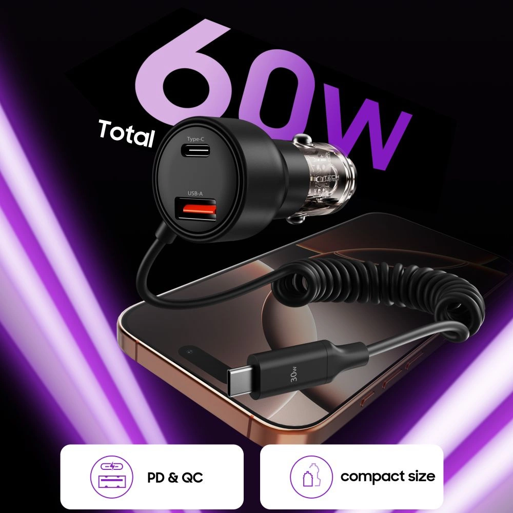 CC05 Car Charger 2-Port PD60 W + USB-C Cable - Blackeng