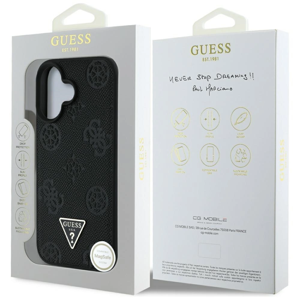 Guess Grained Hot Stamp Peony Triangle Logo MagSafe Case for iPhone 16 - Blackeng