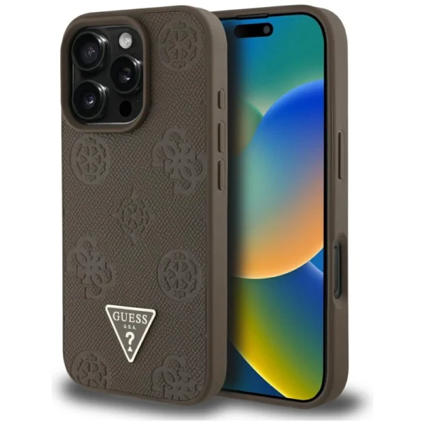 Guess Grained Hot Stamp Peony Triangle Logo MagSafe iPhone 16 Pro Max Case - Browneng