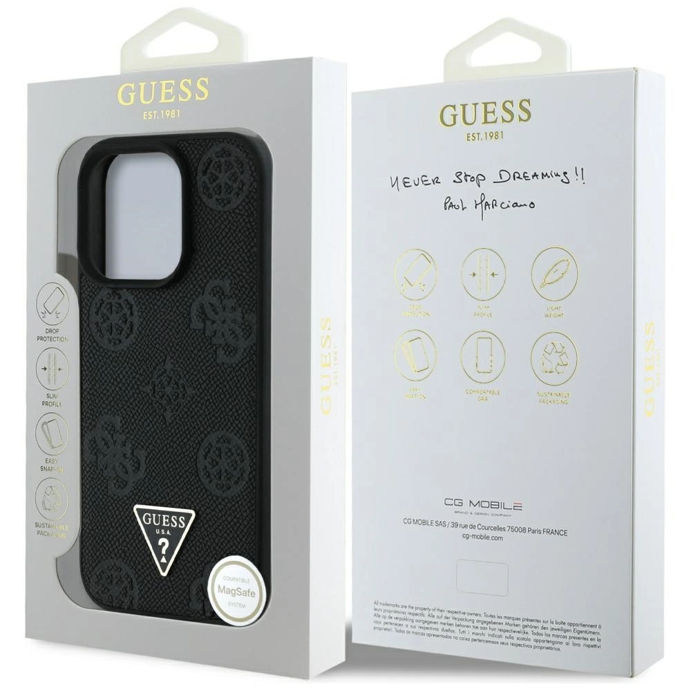 Guess Grained Hot Stamp Peony Triangle Logo MagSafe Case for iPhone 16 Pro Max - Blackeng
