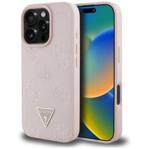 Guess Grained Hot Stamp Peony Triangle Logo MagSafe iPhone 16 Pro Case - Pinkeng